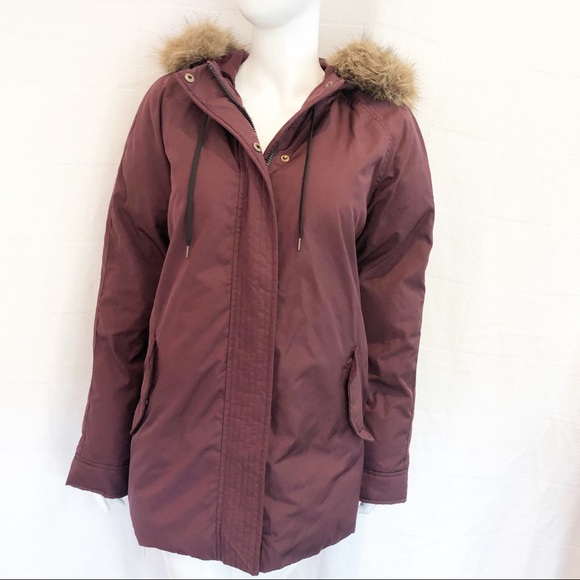 burgundy parka with fur hood